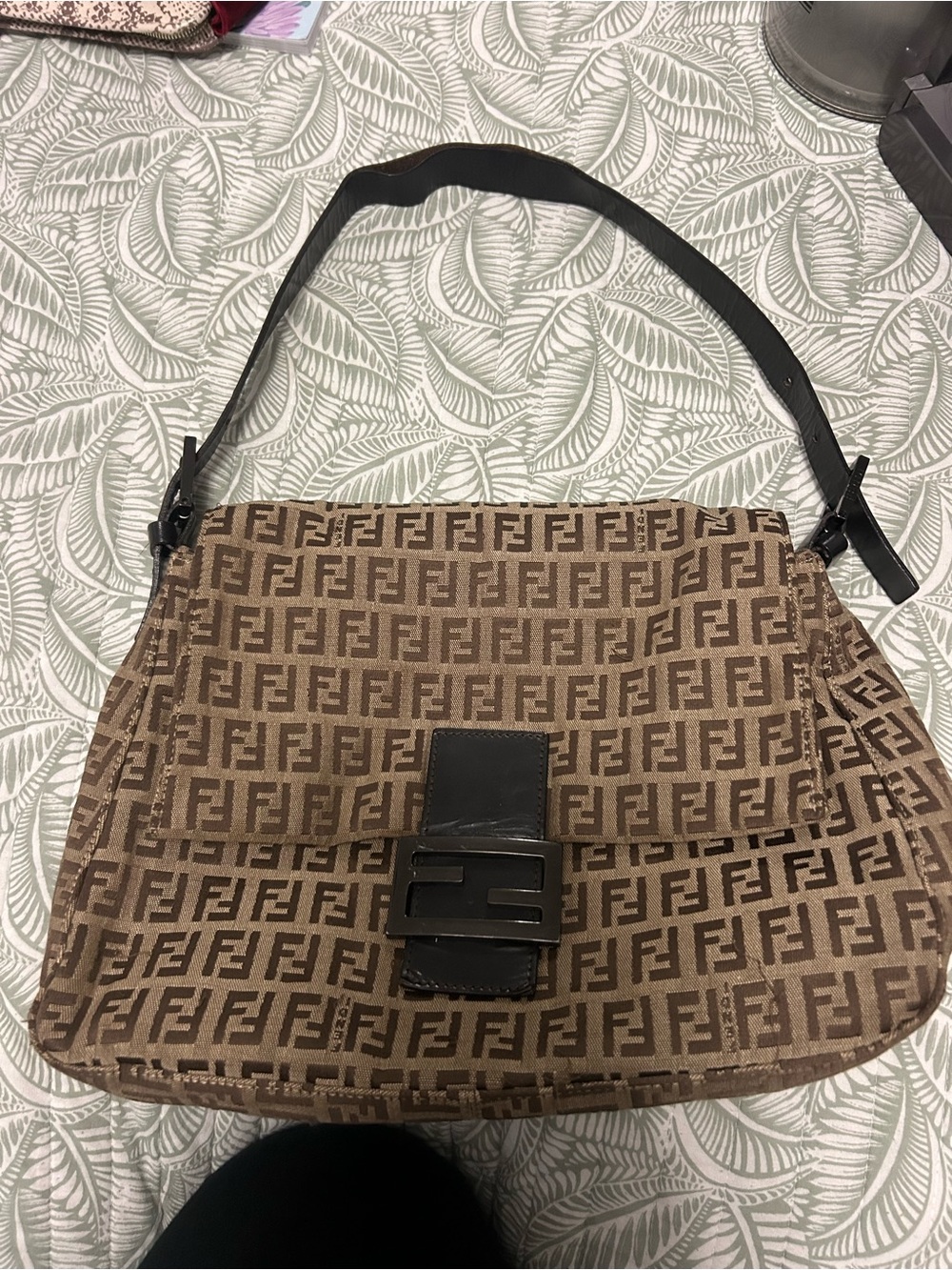 Fendi Brown Zucca-Print Shoulder Bag with Black Strap